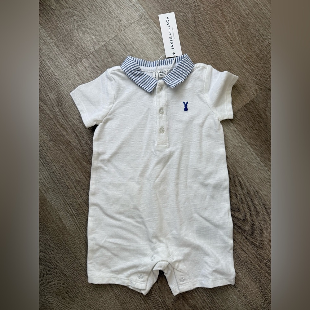 Janie & Jack White Baby Romper with Striped Collar